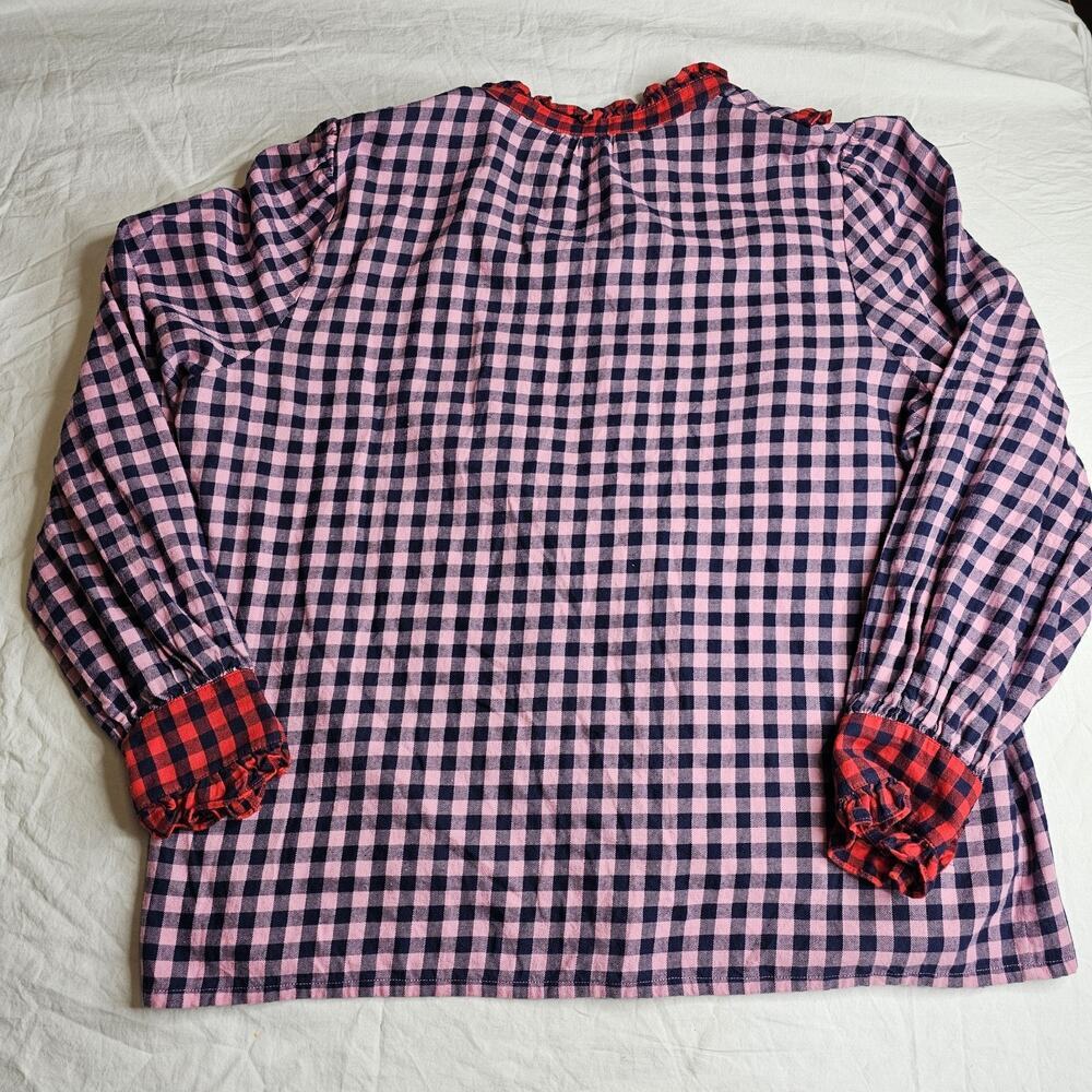Boden Ruffle Top Isla Frill Long Sleeve Pink Red Plaid Color Block Half Button - Picture 9 of 9